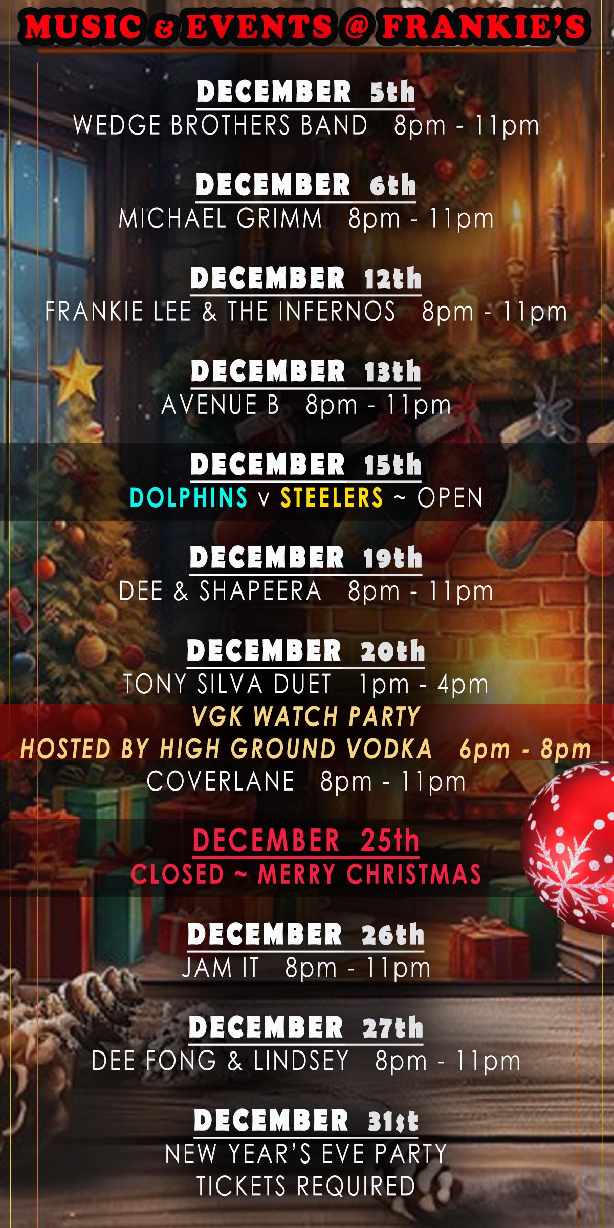 Frankie's December Music and Events Schedule